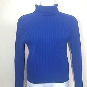 Jeanne Pierre Royal Blue Fisherman Turtleneck Sweater L 100% Cotton Cable Knit